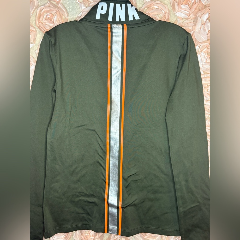 Victoria's Secret Pink M Ultimate Olive Green Neon Orange 1/2 Zip Pullover